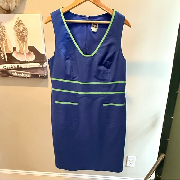 Anne Klein Blue/Green Contrast Trim Midi Sleeveless Sheath Dress Size 12/Large - Picture 5 of 10